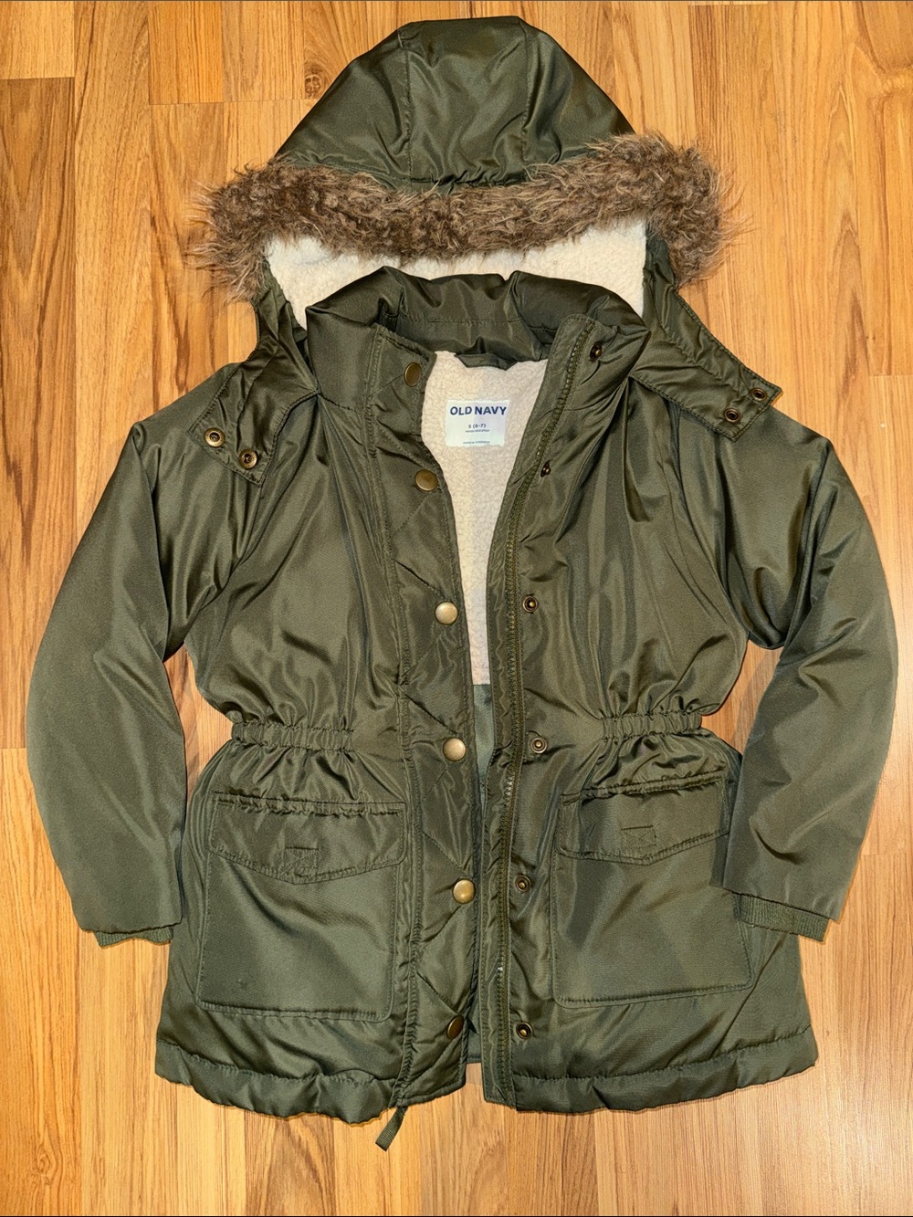 Old Navy Kids Hooded Olive Green Puffer Parka with Faux Fur Trim